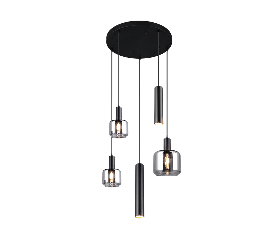 MATARO - Multi Drop Pendant 5 Lights - Chrome Plated Smoked Glass