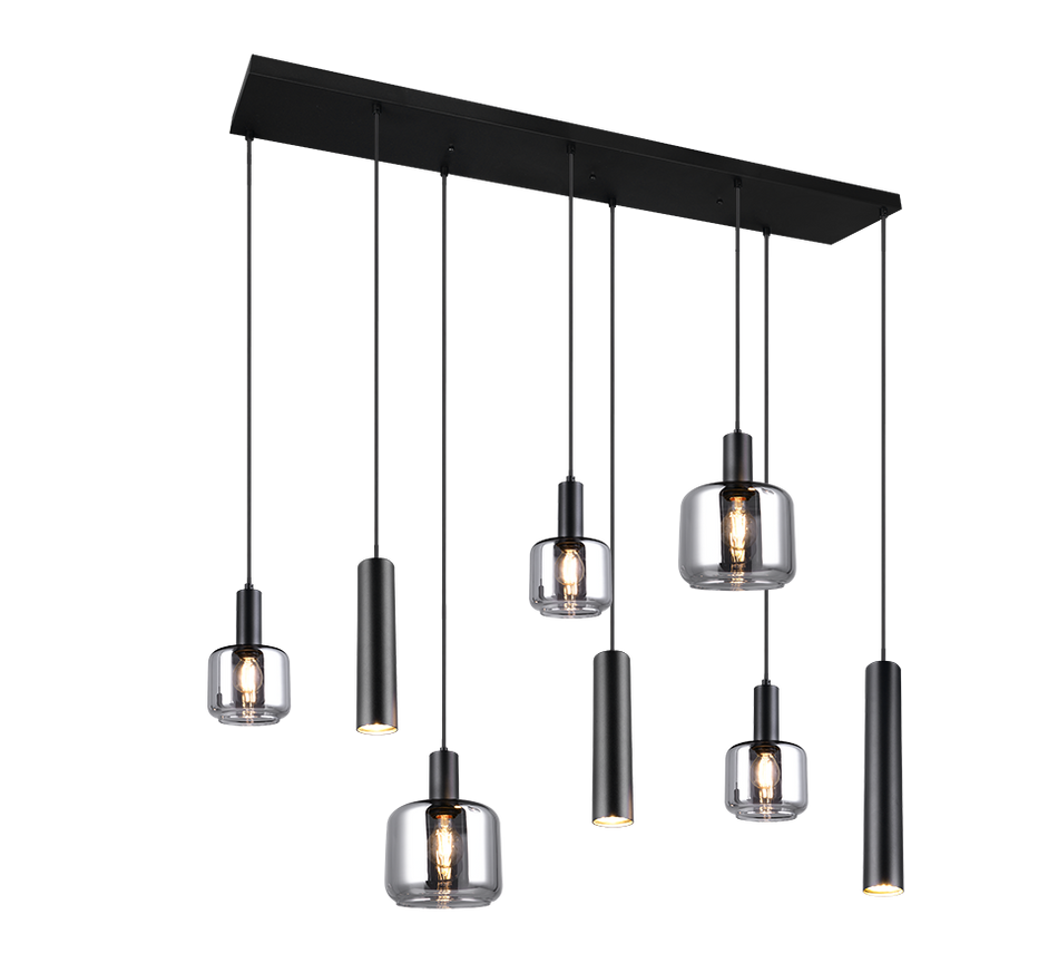 MATARO - Multi Drop Pendant 8 Lights - Chrome Plated Smoked Glass
