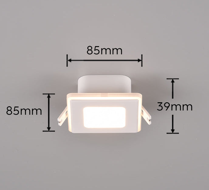 Square ceiling light fixture with dimensions on a gray background