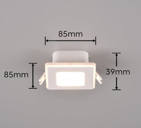 Square ceiling light fixture with dimensions on a gray background
