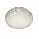 A round flush-mount ceiling light fixture with a silver-toned metal frame, featuring a decorative cutout pattern on the upper rim, a clear crystal-like beaded border, and a starry speckled white diffuser below.