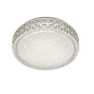 A round flush-mount ceiling light fixture with a silver-toned metal frame, featuring a decorative cutout pattern on the upper rim, a clear crystal-like beaded border, and a starry speckled white diffuser below.