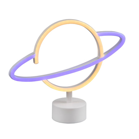 A LED table lamp with a design resembling a planet, featuring a white plastic body and a Saturn planet structure.