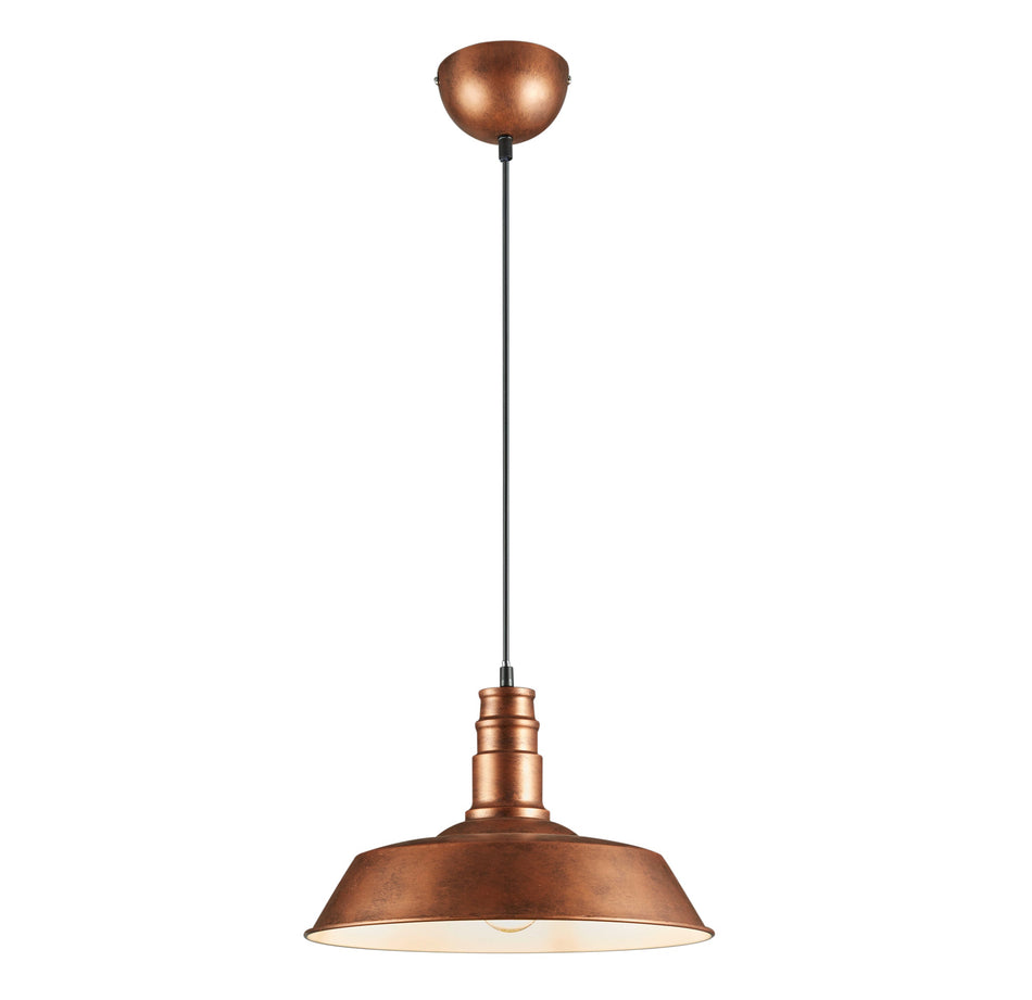 Antique copper pendant light with a industrial look, hanging from the ceiling.