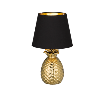 A table lamp with a golden pineapple-shaped base and a black textile shade.