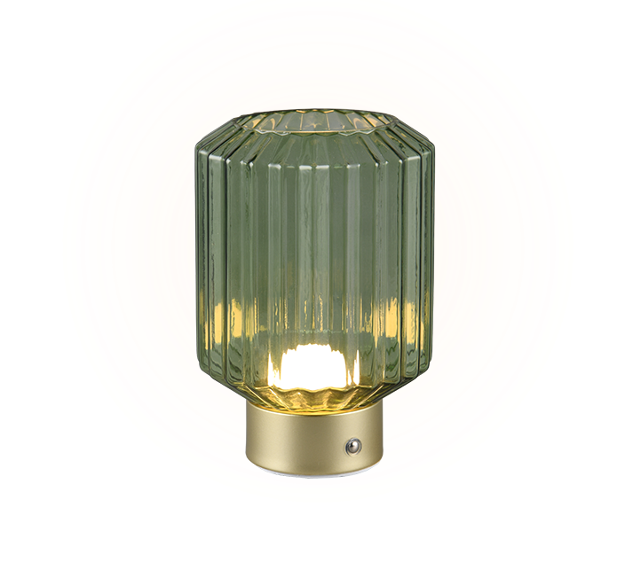A modern rechargeable table lamp with a green glass lampshade and matte brass base, featuring touch control on the base for adjusting brightness.