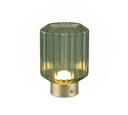 A modern rechargeable table lamp with a green glass lampshade and matte brass base, featuring touch control on the base for adjusting brightness.