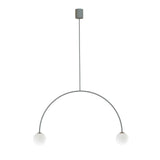 Modern pendant light with two spherical bulbs on a white background