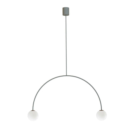 Modern pendant light with two spherical bulbs on a white background