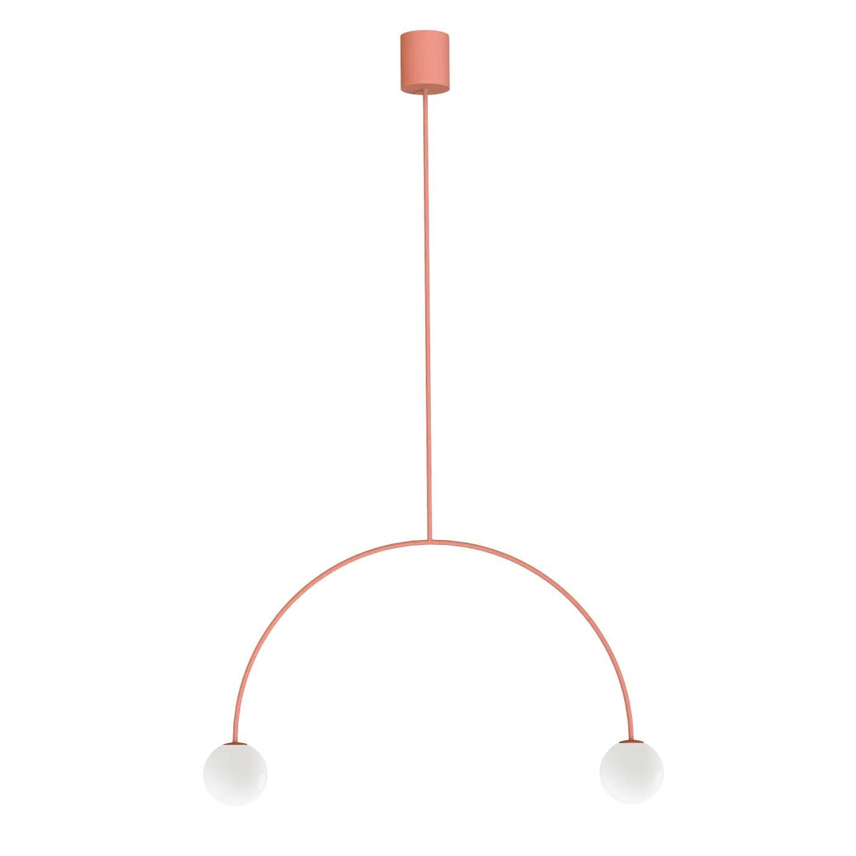 Modern pendant light with a pink cable on a white background