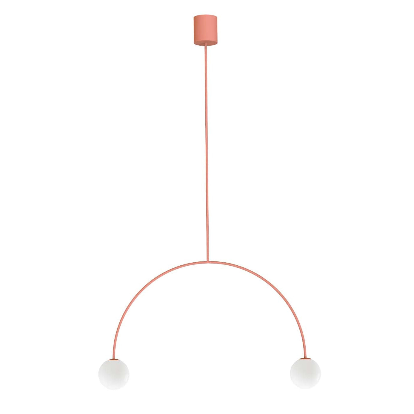 Modern pendant light with a pink cable on a white background