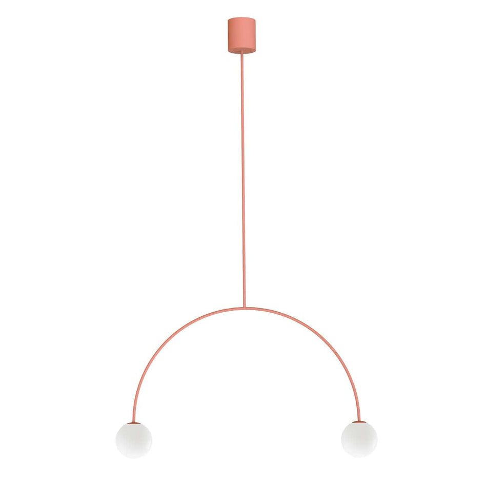 Modern pendant light with a pink cable on a white background