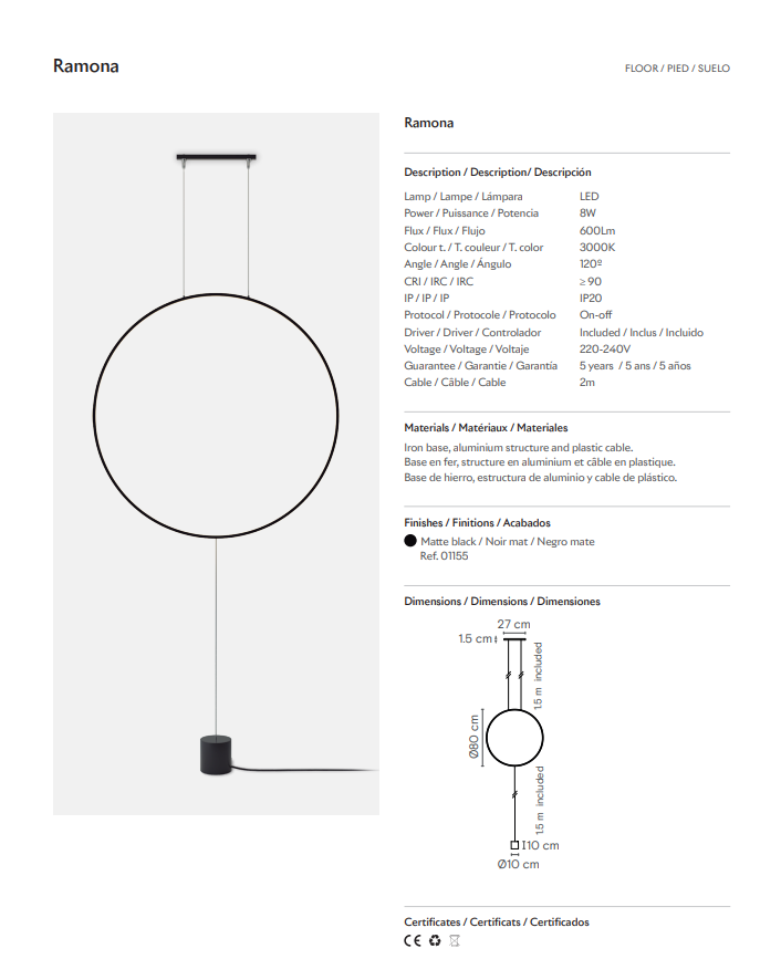 Product details of a lamp named 'Ramona' with specifications and dimensions on a white background.