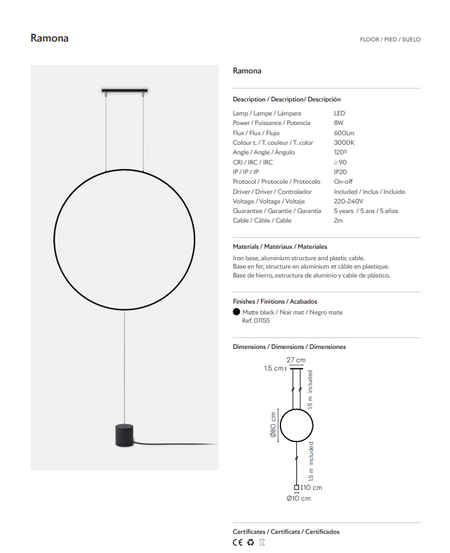 Product details of a lamp named 'Ramona' with specifications and dimensions on a white background.