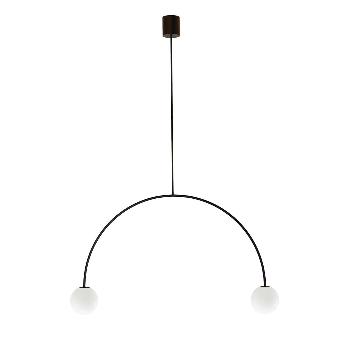 Modern pendant light with black arch and white spherical shades on a white background