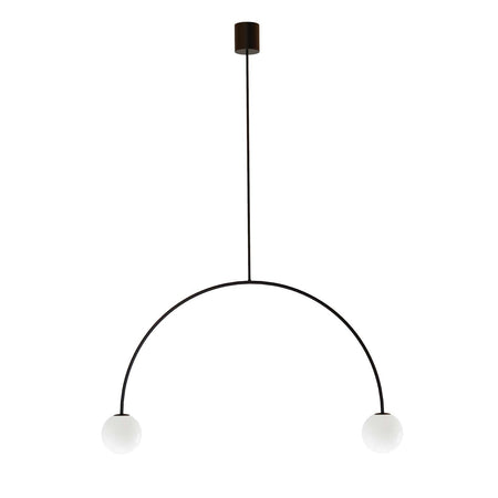 Modern pendant light with black arch and white spherical shades on a white background