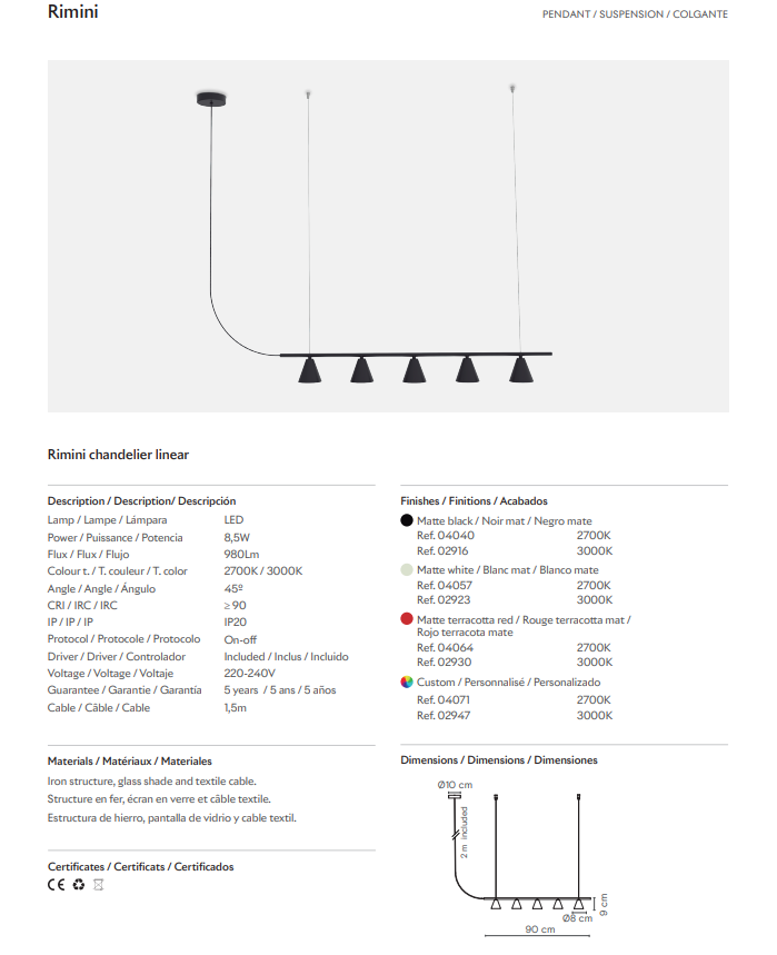 Product details of a chandelier labeled 'Rimini' on a white background