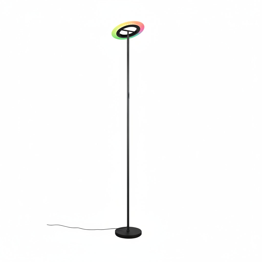 Floor lamp with a RGBW LED circular light fixture on a white background