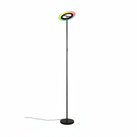 Floor lamp with a RGBW LED circular light fixture on a white background