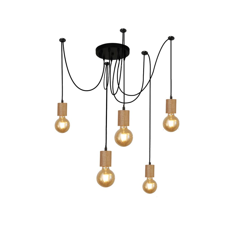 A pendant light fixture with five exposed bulbs, featuring black metal wiring and wood accents.