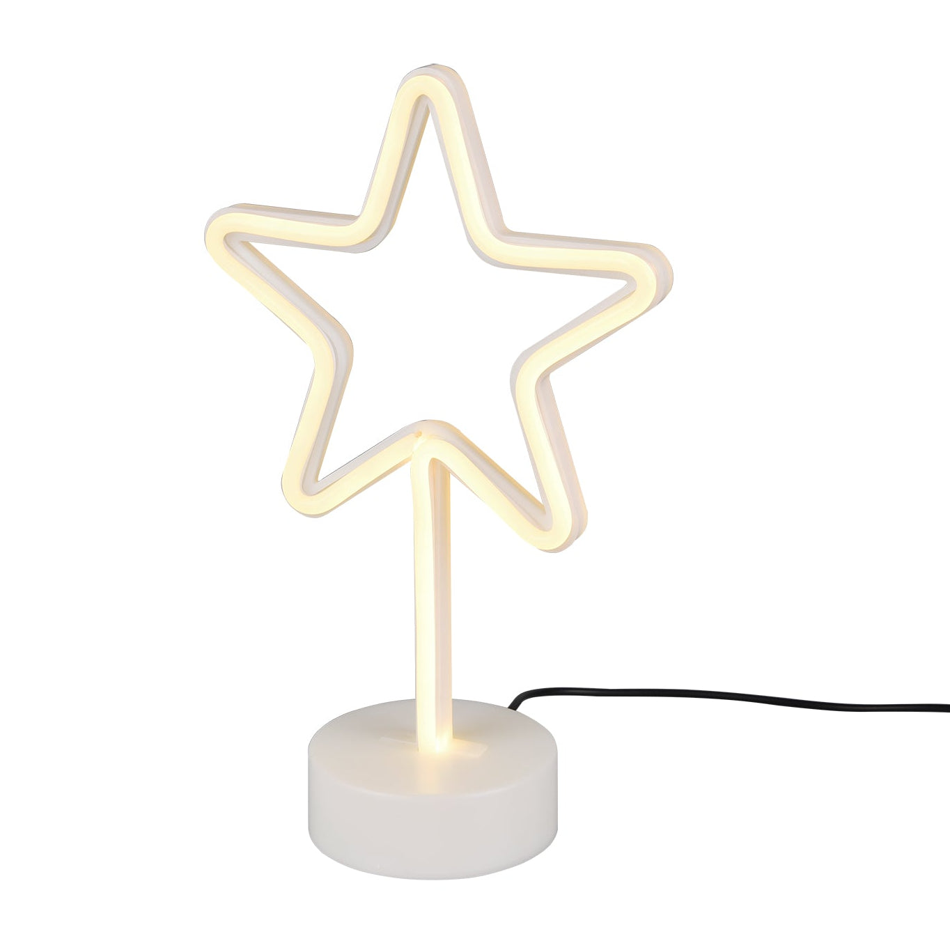A white LED table lamp in the shape of a star, with a round base and a USB connection cable.