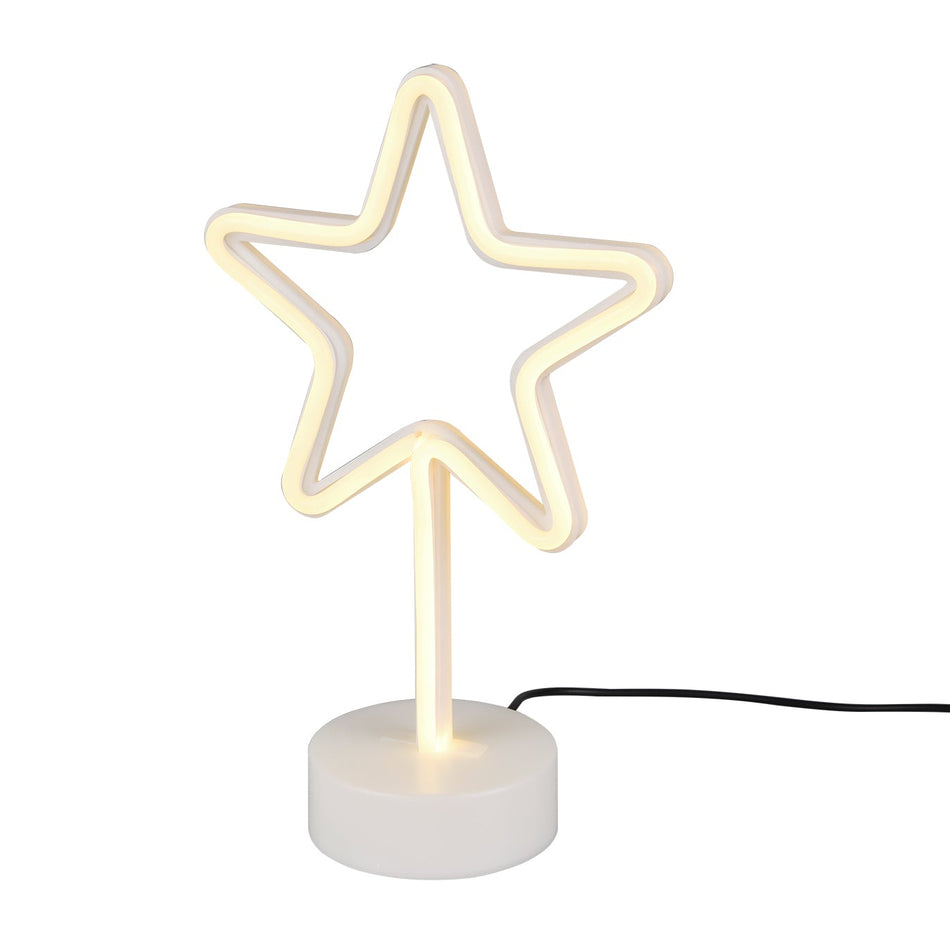 A white LED table lamp in the shape of a star, with a round base and a USB connection cable.