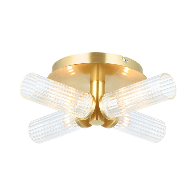 Gold ceiling light fixture with clear glass shades on a white background