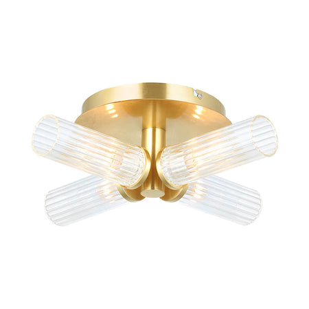 Gold ceiling light fixture with clear glass shades on a white background