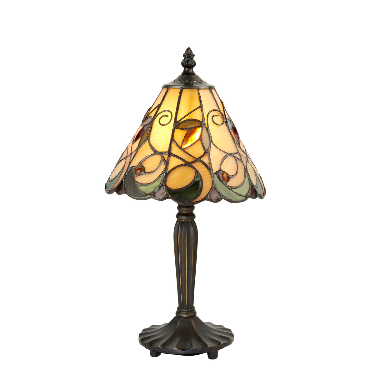 A Tiffany Jamelia mini table lamp with a satin black base and a multicolored glass shade.