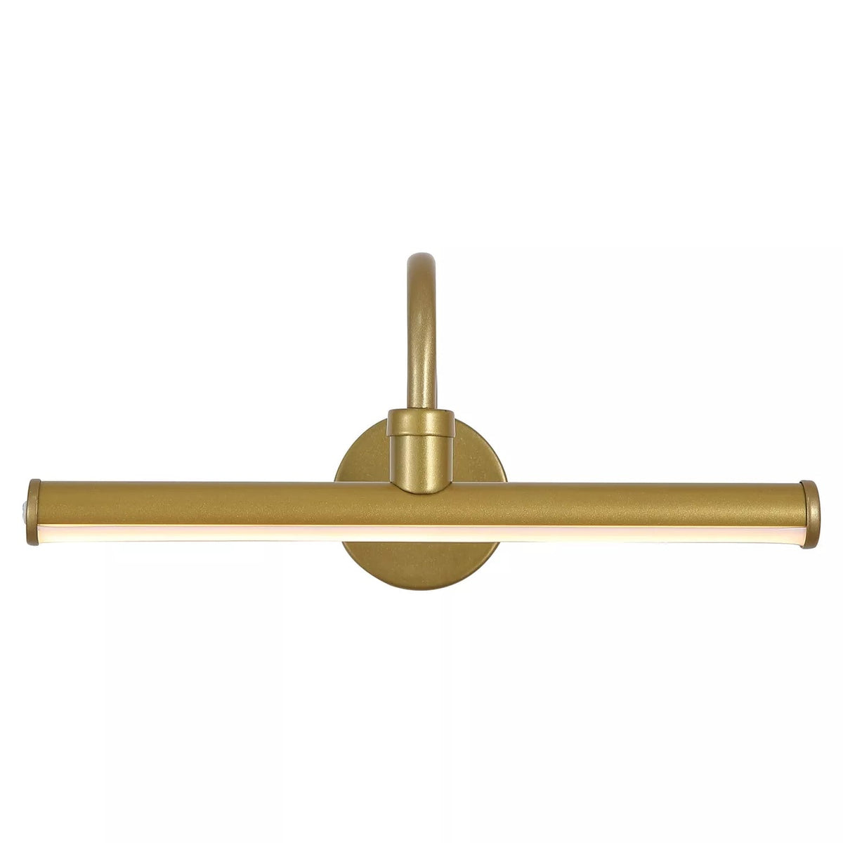 A rechargeable LED picture light fixture in a gold finish, featuring a circular wall mount and a single upward-curving arm.