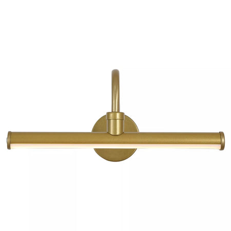 A rechargeable LED picture light fixture in a gold finish, featuring a circular wall mount and a single upward-curving arm.