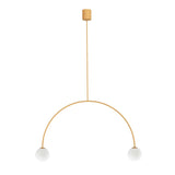 Modern pendant light with gold arch and white spherical shades on a white background