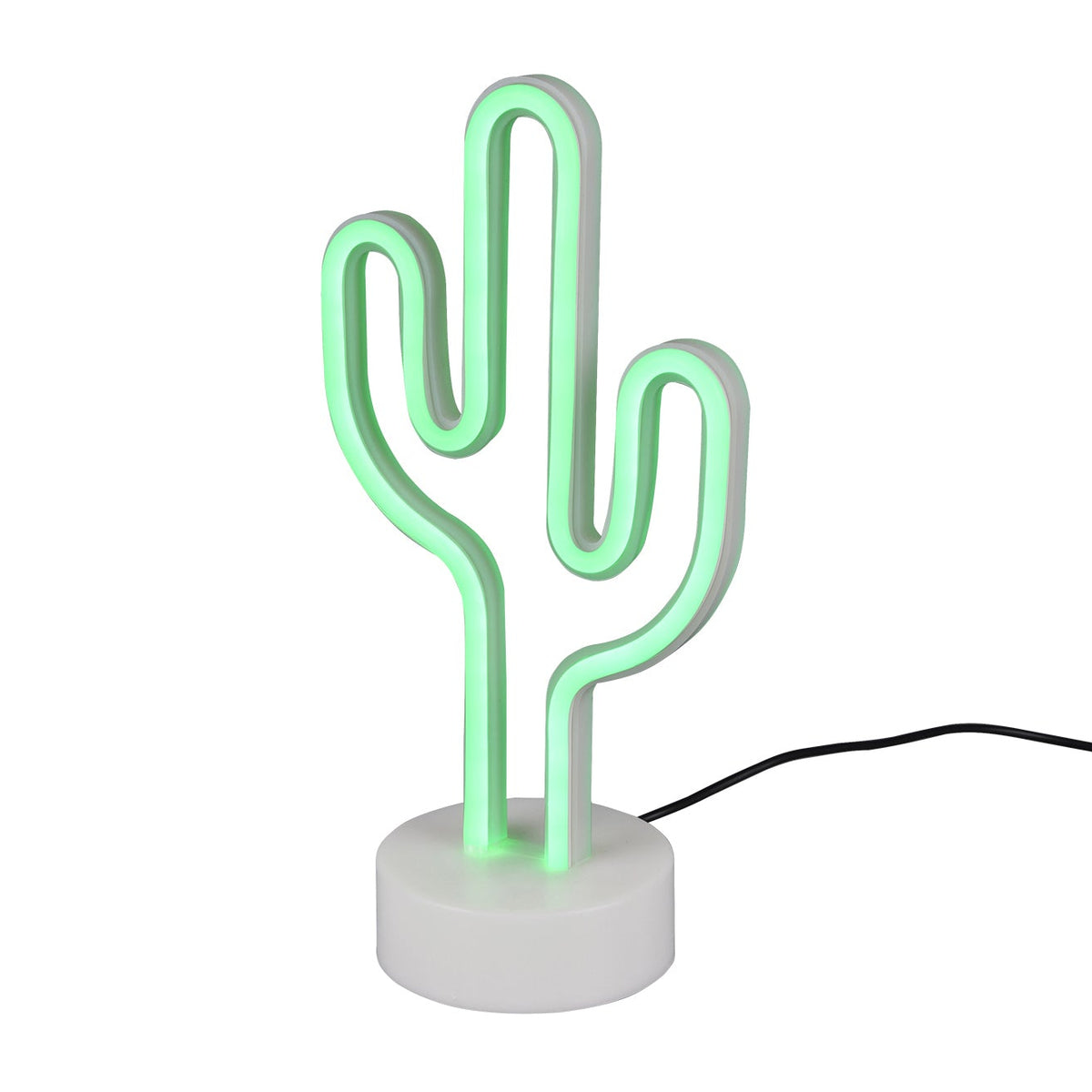 A green LED table lamp in the shape of a cactus with a white base, reflecting light.
